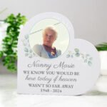 Personalised Photo Upload Wedding/Memorial Free Standing Grey Wooden Heart Ornament