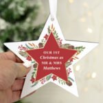 Personalised Christmas Wreath Design Hanging Wooden Star Decoration - Image 2