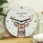 Personalised Any Message Watercolour Stag Design Round Wooden Wall Clock