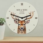 Personalised Any Message Watercolour Stag Design Round Wooden Wall Clock - Image 2