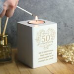 Personalised 'Happy 50th Anniversary' Gold Heart Design White Wooden Tea Light Candle Holder - Image 4