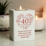 Personalised ‘Happy 40th Anniversary’ Ruby Heart Design White Wooden Tea Light Candle Holder