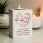 Personalised ‘Happy 40th Anniversary’ Ruby Heart Design White Wooden Tea Light Candle Holder - Image 3
