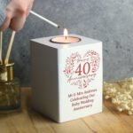 Personalised ‘Happy 40th Anniversary’ Ruby Heart Design White Wooden Tea Light Candle Holder - Image 4