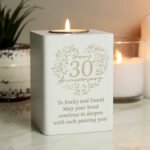Personalised ‘Happy 30th Anniversary’ Pearl Heart Design White Wooden Tea Light Candle Holder - Image 3