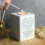 Personalised ‘Happy 25th Anniversary’ Silver Heart Design White Wooden Tea Light Candle Holder - Image 2