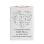 Personalised ‘Happy 25th Anniversary’ Silver Heart Design White Wooden Tea Light Candle Holder - Image 5
