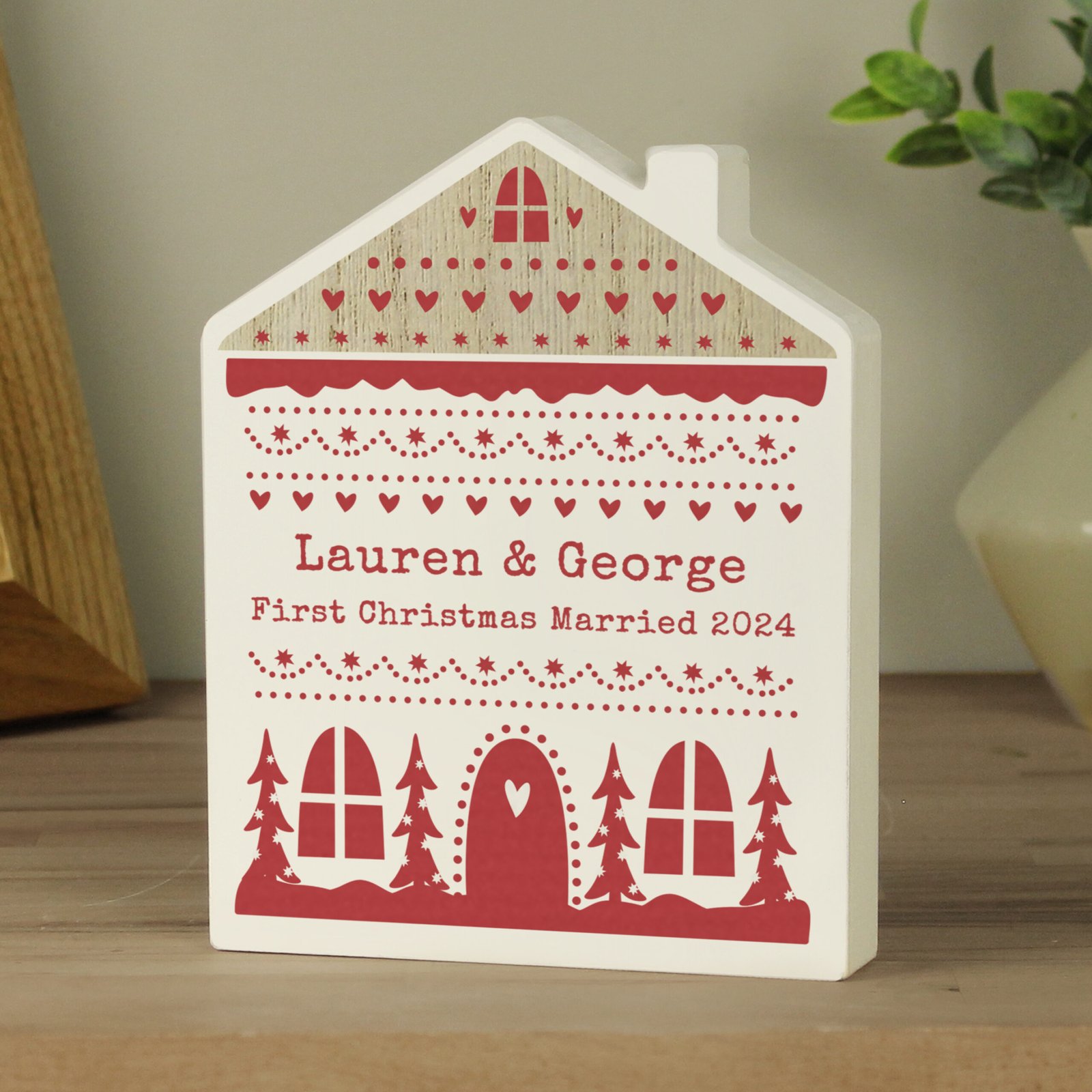 P1011H43 Personalised Christmas Fair Isle Design Wooden House Ornament Personalised Christmas Fair Isle Design Wooden House Ornament - Image 1