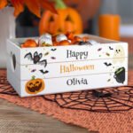 Personalised Halloween Themed Small White Wooden Storage Crate