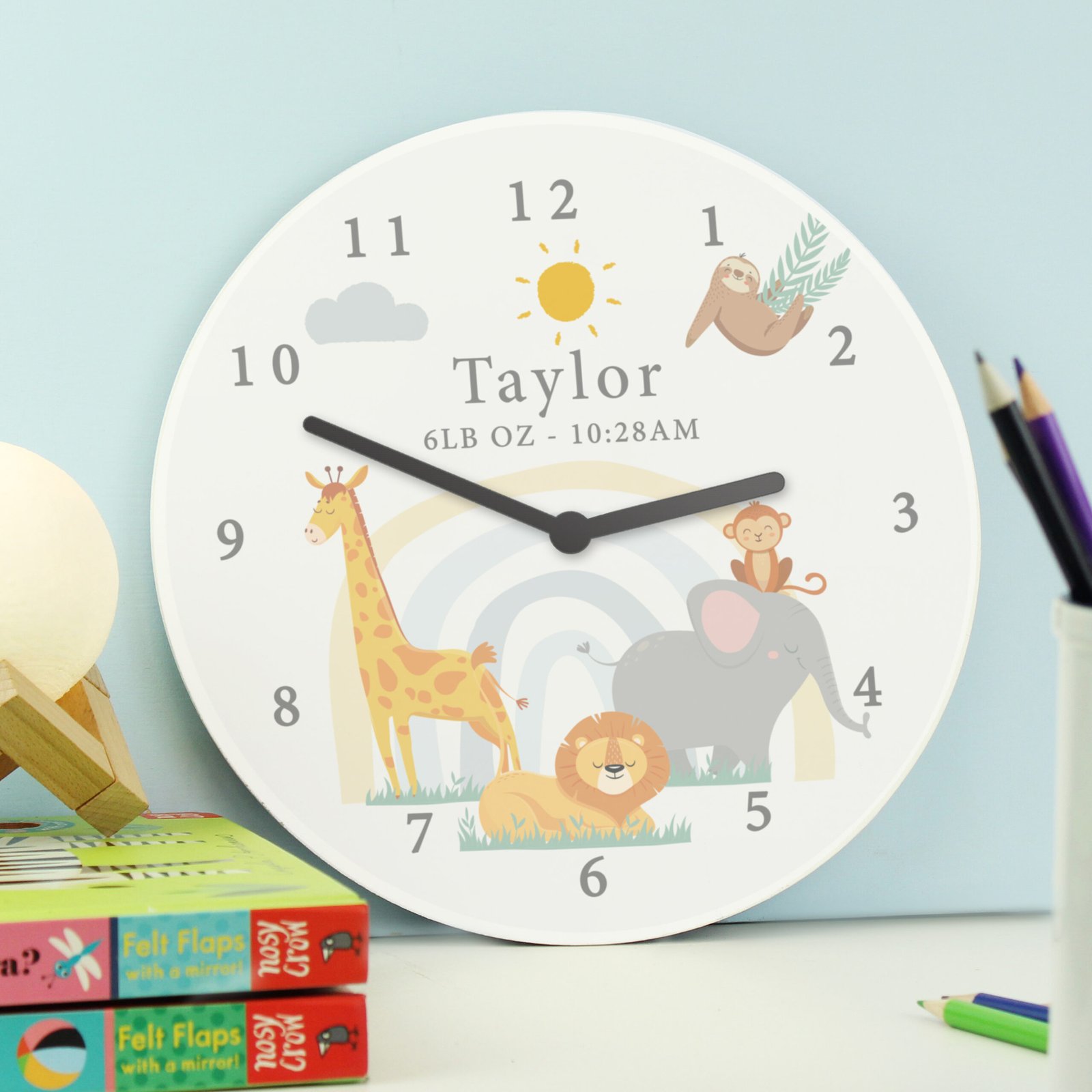 P1011H56 Personalised Safari Animals Design Nursery Wooden Wall Clock Personalised Safari Animals Design Nursery Round Wooden Wall Clock - Image 1