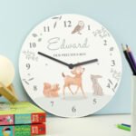 Personalised Woodland Animals Design Nursery Round Wooden Wall Clock