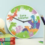 Personalised Children's Colourful Dinosaur Design Round Wooden Wall Clock - Image 3