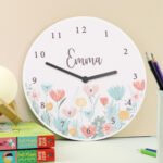 Personalised Children's Floral Design Round Wooden Wall Clock