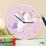 Personalised Children's Unicorn Design Round Wooden Wall Clock