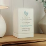 Personalised Blue Footprints Motif Baby Memorial Small Wooden Urn