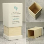 Personalised Blue Footprints Motif Baby Memorial Small Wooden Urn - Image 2