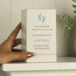 Personalised Blue Footprints Motif Baby Memorial Small Wooden Urn - Image 5