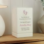 Personalised Pink Footprints Motif Baby Memorial Small Wooden Urn