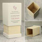 Personalised Pink Footprints Motif Baby Memorial Small Wooden Urn - Image 2