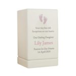 Personalised Pink Footprints Motif Baby Memorial Small Wooden Urn - Image 7