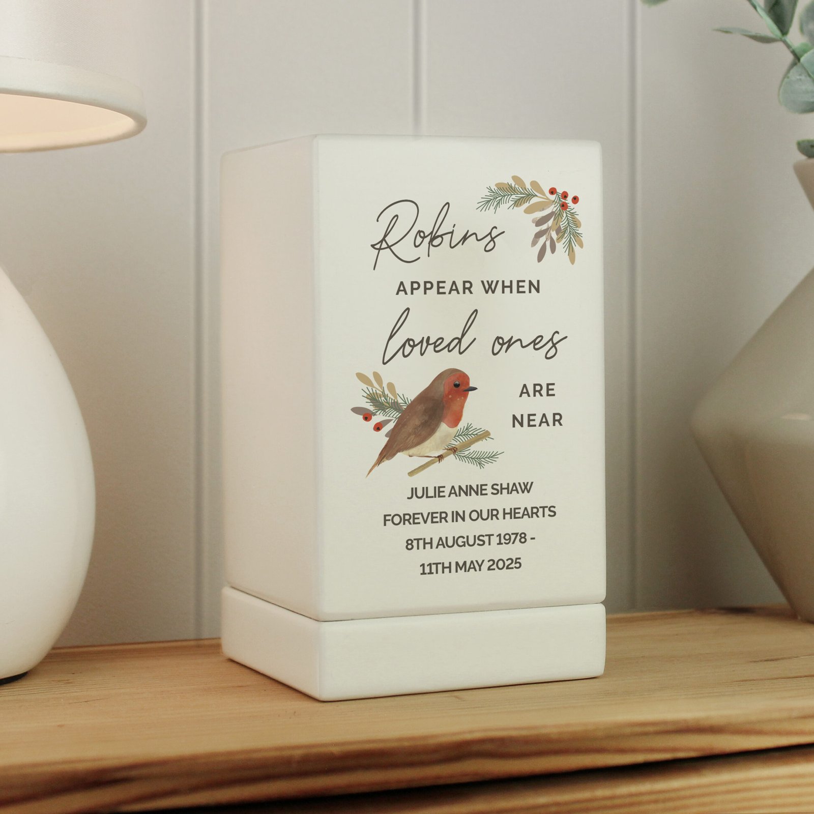 P1011H71 Personalised 'Robins Appear...' Memorial Small Wooden Urn Personalised 'Robins Appear...' Memorial Small Wooden Urn - Image 1
