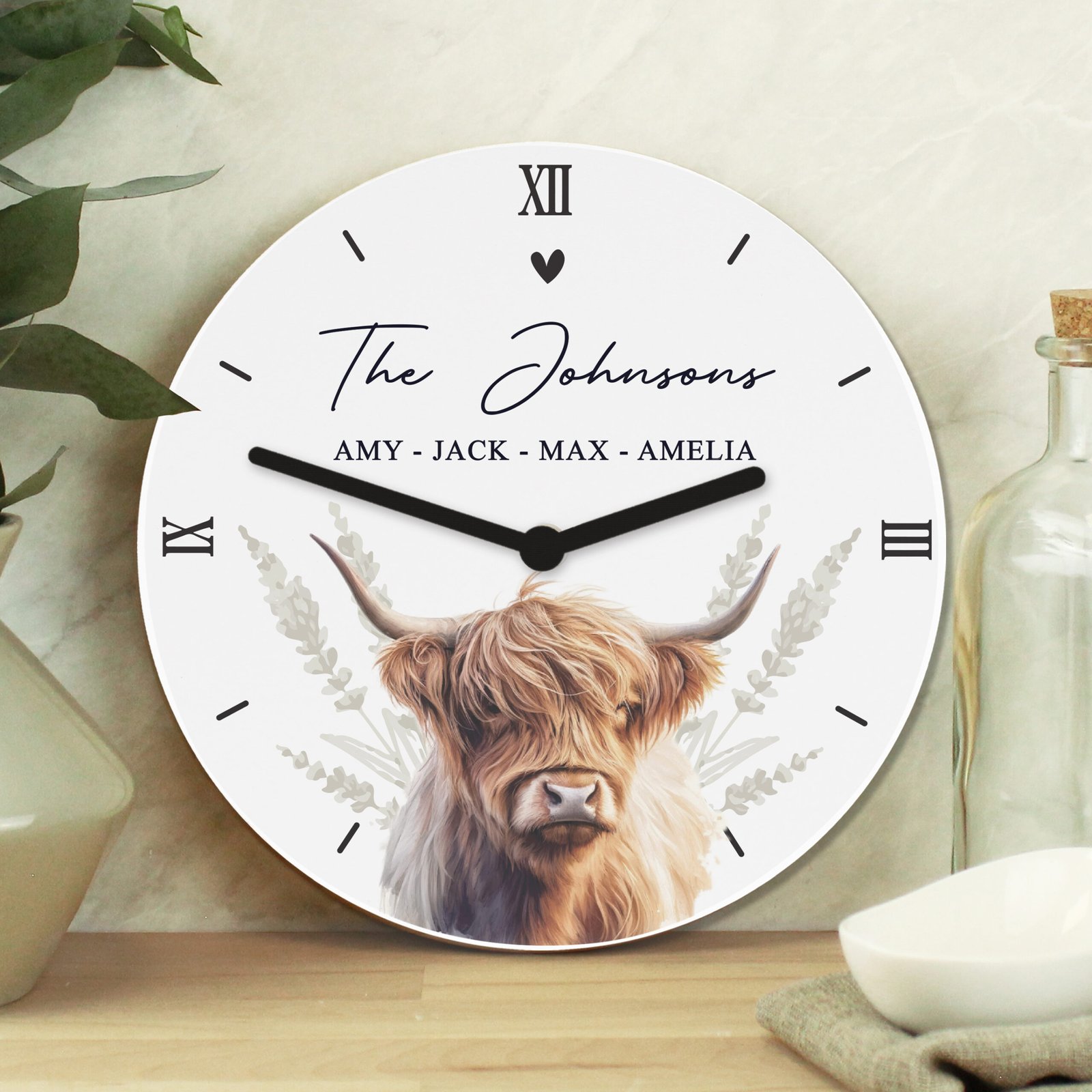 P1011H81 Personalised Highland Cow Design Wooden Wall Clock Personalised Highland Cow Design Round Wooden Wall Clock - Image 1