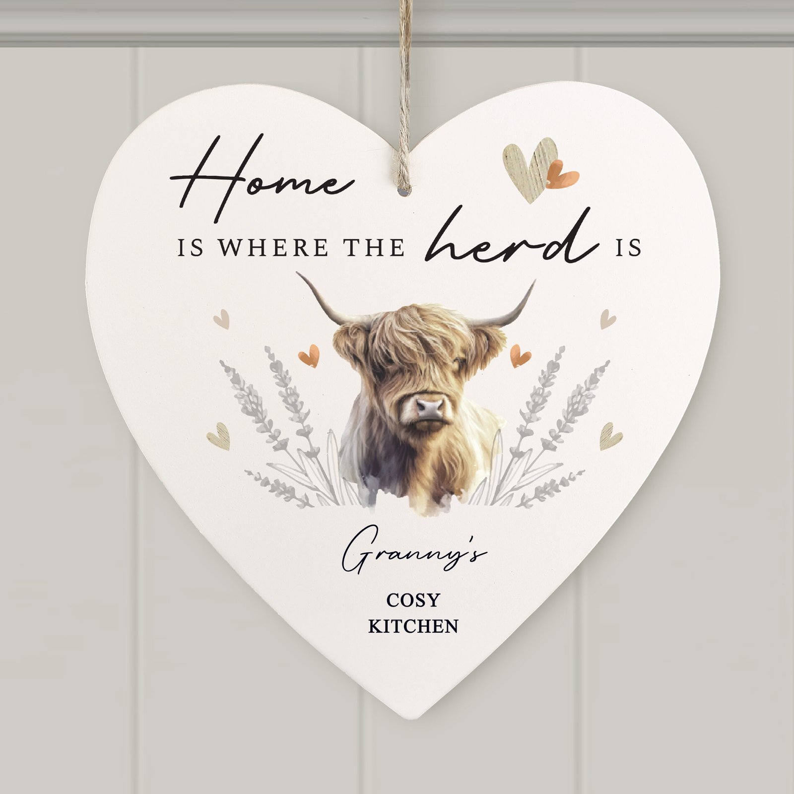 P1011H82 Personalised 'Home Is Where The Herd Is' Highland Cow Design Hanging Wooden Heart Decoration Personalised Highland Cow Design Hanging Wooden Heart Decoration - Image 1