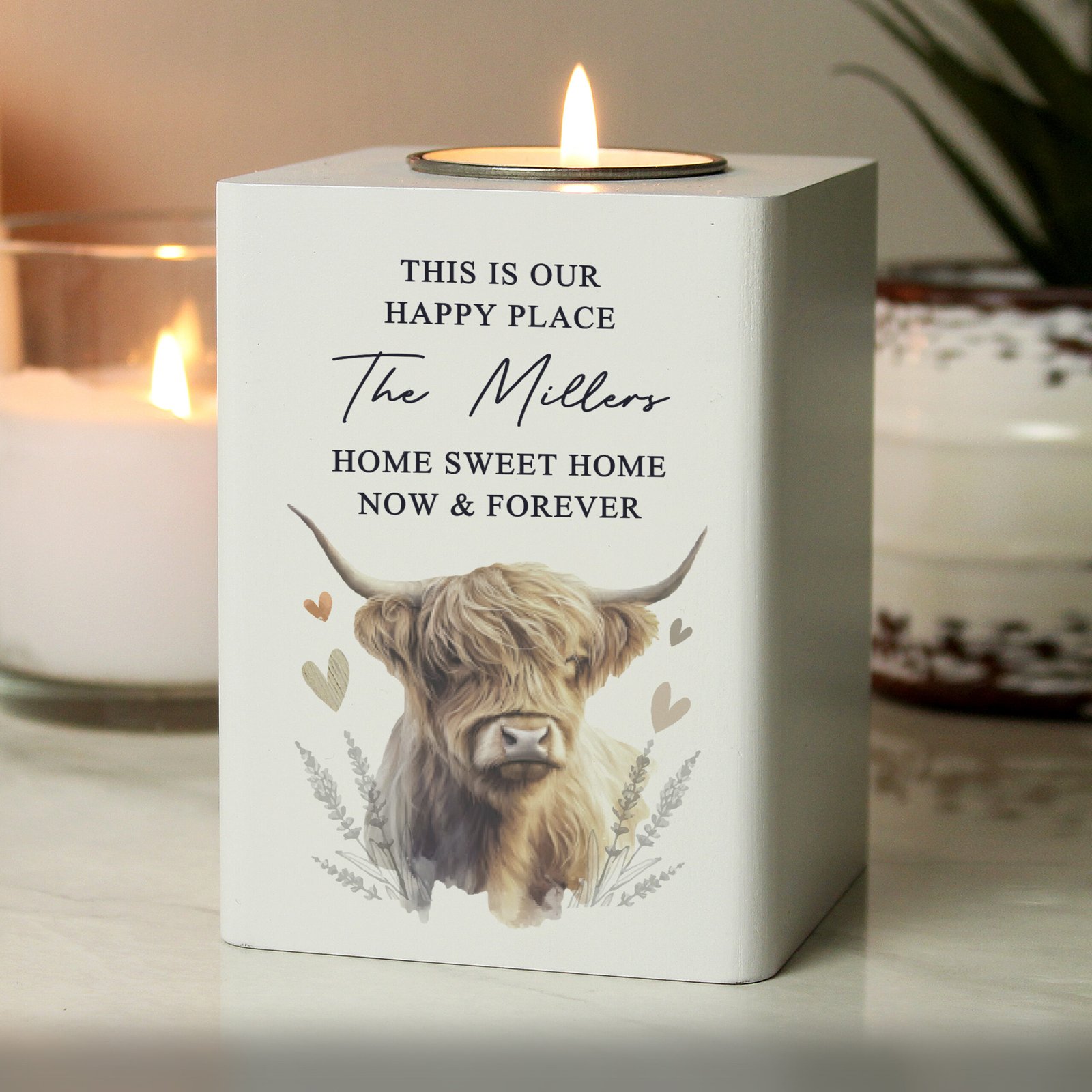 P1011H84 Personalised Highland Cow Design White Wooden Tea Light Candle Holder Personalised Highland Cow Design White Wooden Tea Light Candle Holder - Image 1