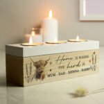 Personalised Highland Cow Design Wooden Triple Tea Light Candle Box