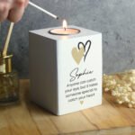 Personalised Any Message Hearts Motif White Wooden Tea Light Candle Holder - Image 2