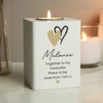 Personalised Any Message Hearts Motif White Wooden Tea Light Candle Holder - Image 3