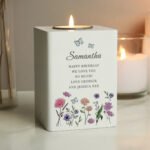 Personalised Any Message Wild Flowers Design White Wooden Tea Light Candle Holder