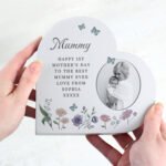 Personalised Wild Flowers Design Photo Upload Free Standing Grey Wooden Heart Ornament - Image 2