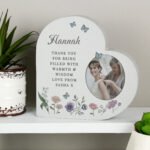 Personalised Wild Flowers Design Photo Upload Free Standing Grey Wooden Heart Ornament - Image 3