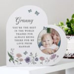Personalised Wild Flowers Design Photo Upload Free Standing Grey Wooden Heart Ornament - Image 4