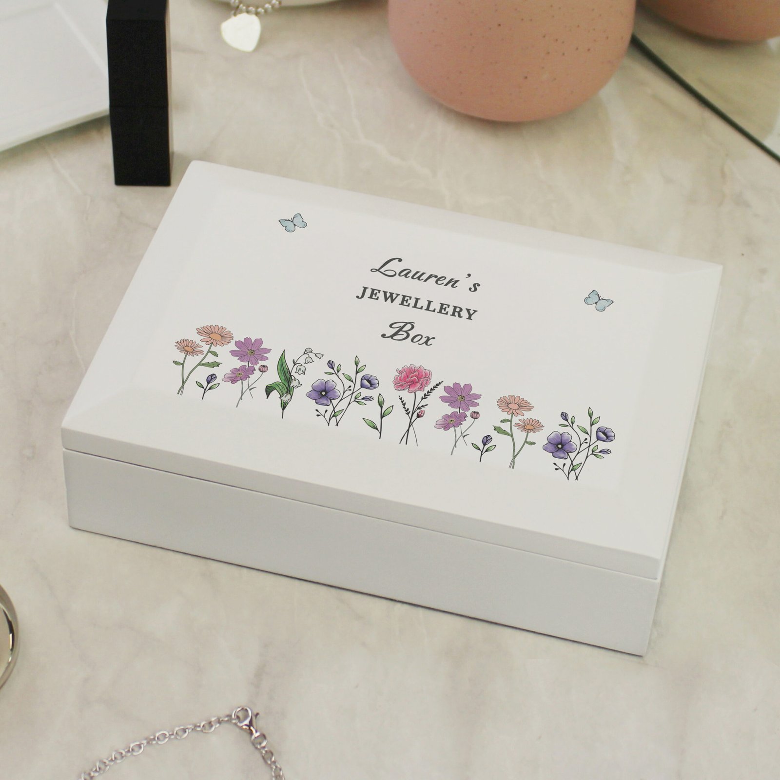 P1011I03 Personalised Wild Flowers Design White Wooden Jewellery Box Personalised Wild Flowers Design White Wooden Jewellery Box - Image 1