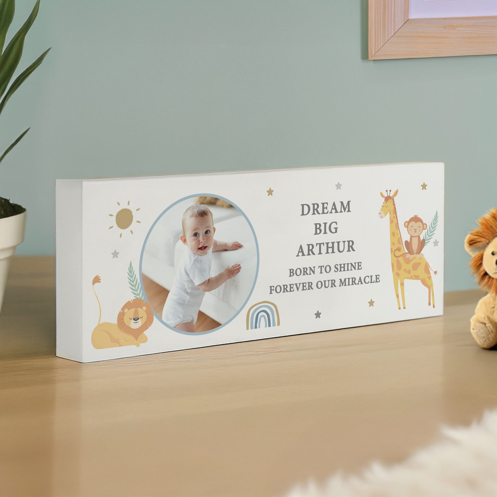 P1011I10 Personalised Safari Animals Design Photo Upload Wooden Ornament Personalised New Baby Safari Animals Design Photo Upload Wooden Ornament - Image 1