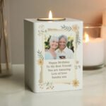 Personalised Wild Flowers Design Photo Upload White Wooden Tea Light Candle Holder