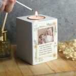 Personalised Wild Flowers Design Photo Upload White Wooden Tea Light Candle Holder - Image 2