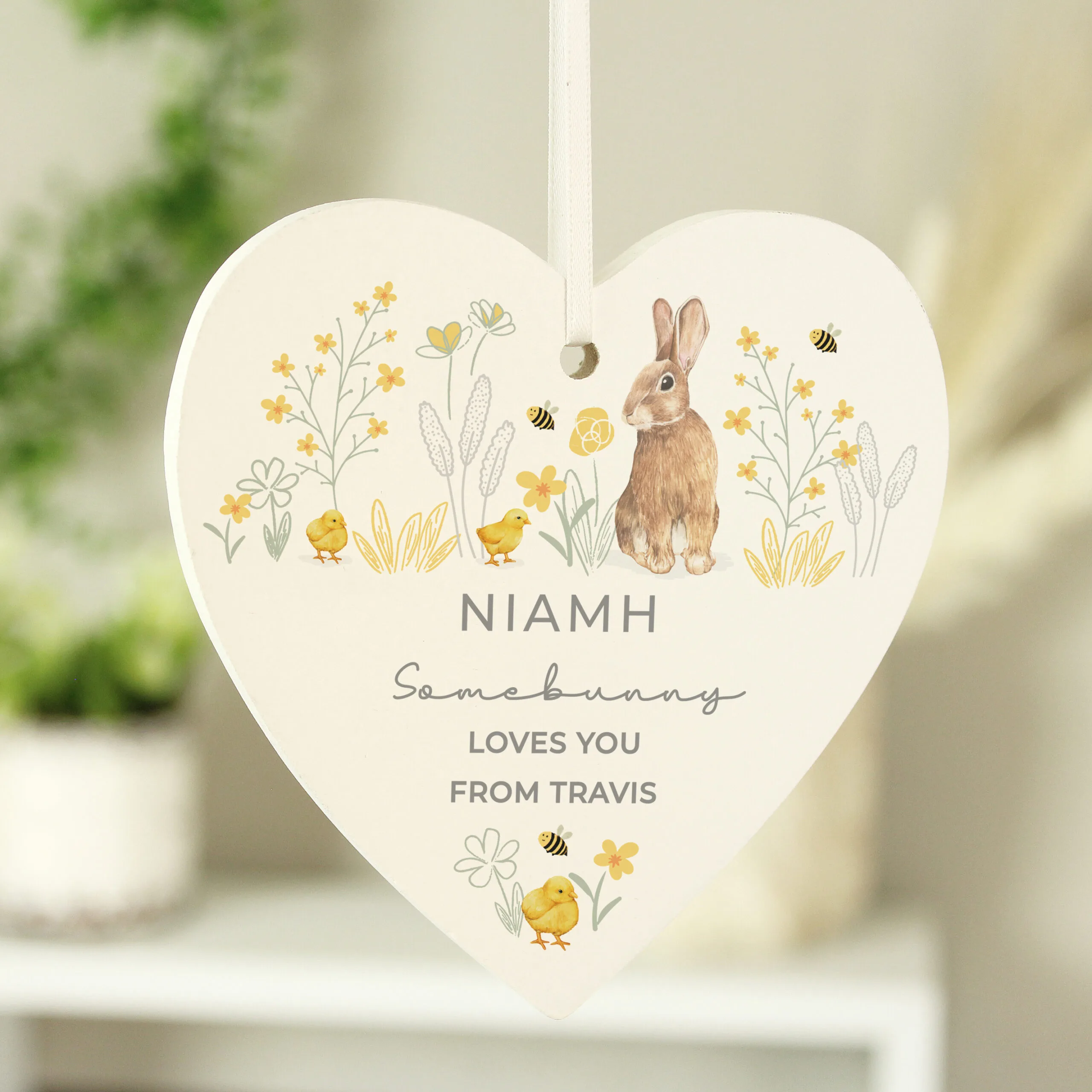 Personalised Spring Bunny Design Hanging Wooden Heart Decoration - Image 3