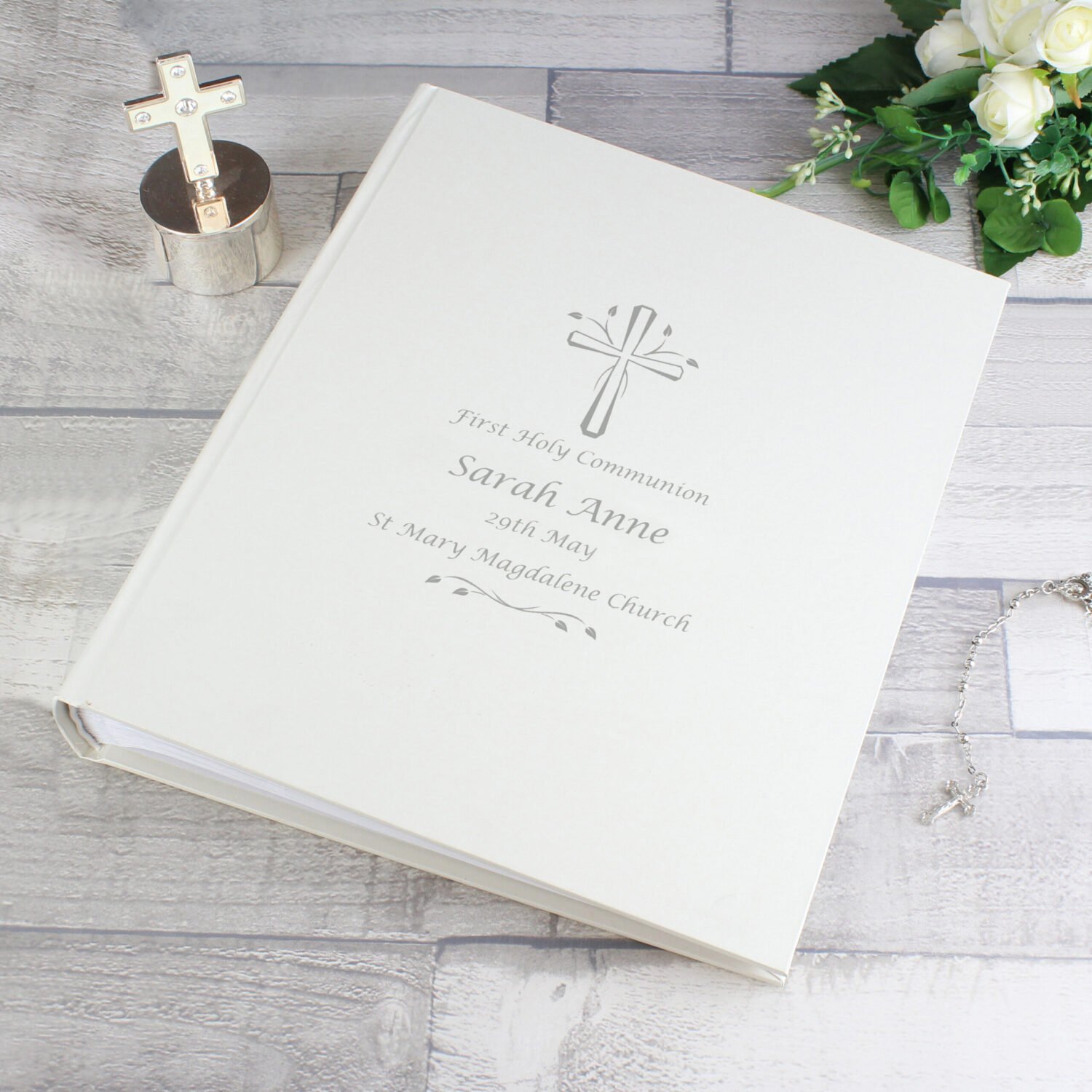 P101262 Personalised Silver Cross Motif Traditional Photo Album Personalised Any Message Silver Cross Motif Traditional Photo Album - Image 1