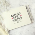 Personalised 'Mr And Mrs' Hearts Motif Hardback Guest Book & Pen - Image 3