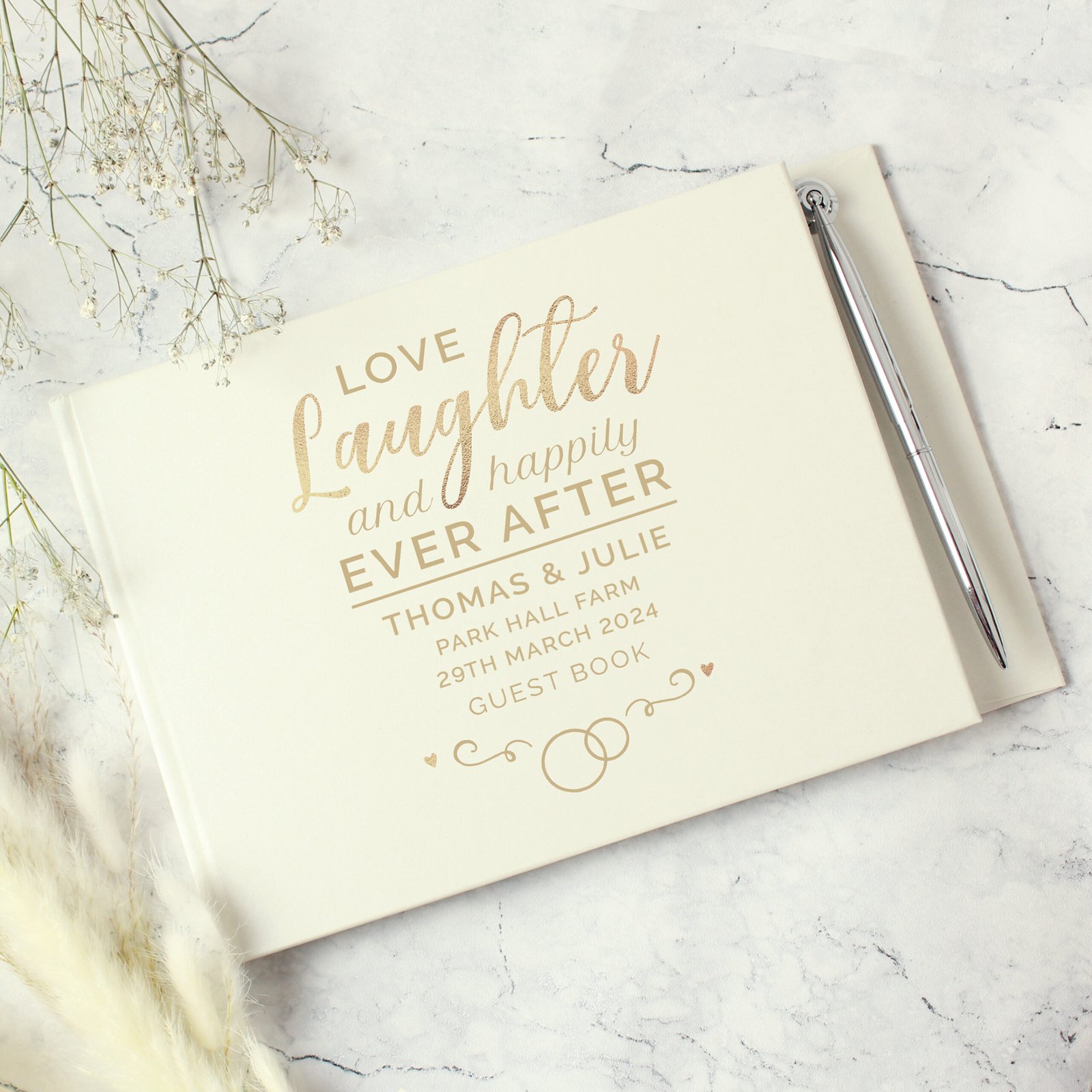 P1012A24 Personalised 'Love, Laughter and Happily Ever After' Wedding Hardback Guest Book & Pen 2 Personalised 'Love, Laughter and Happily Ever After' Wedding Hardback Guest Book & Pen - Image 1