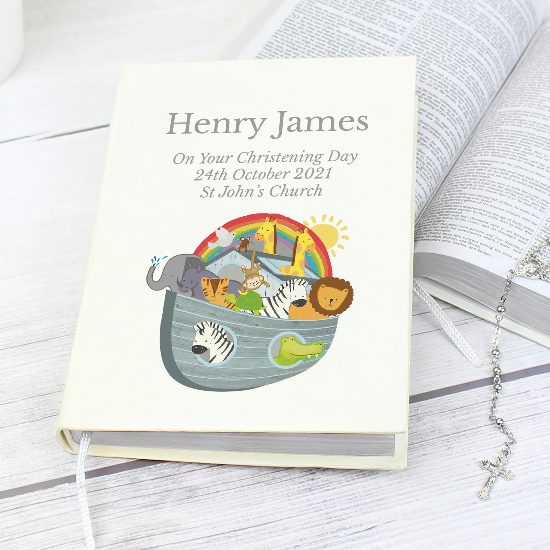 P1012A51 Personalised Noah’s Ark Design Eco-Friendly Holy Bible Personalised Noah's Ark Design Leatherette Eco-Friendly Holy Bible - Image 1