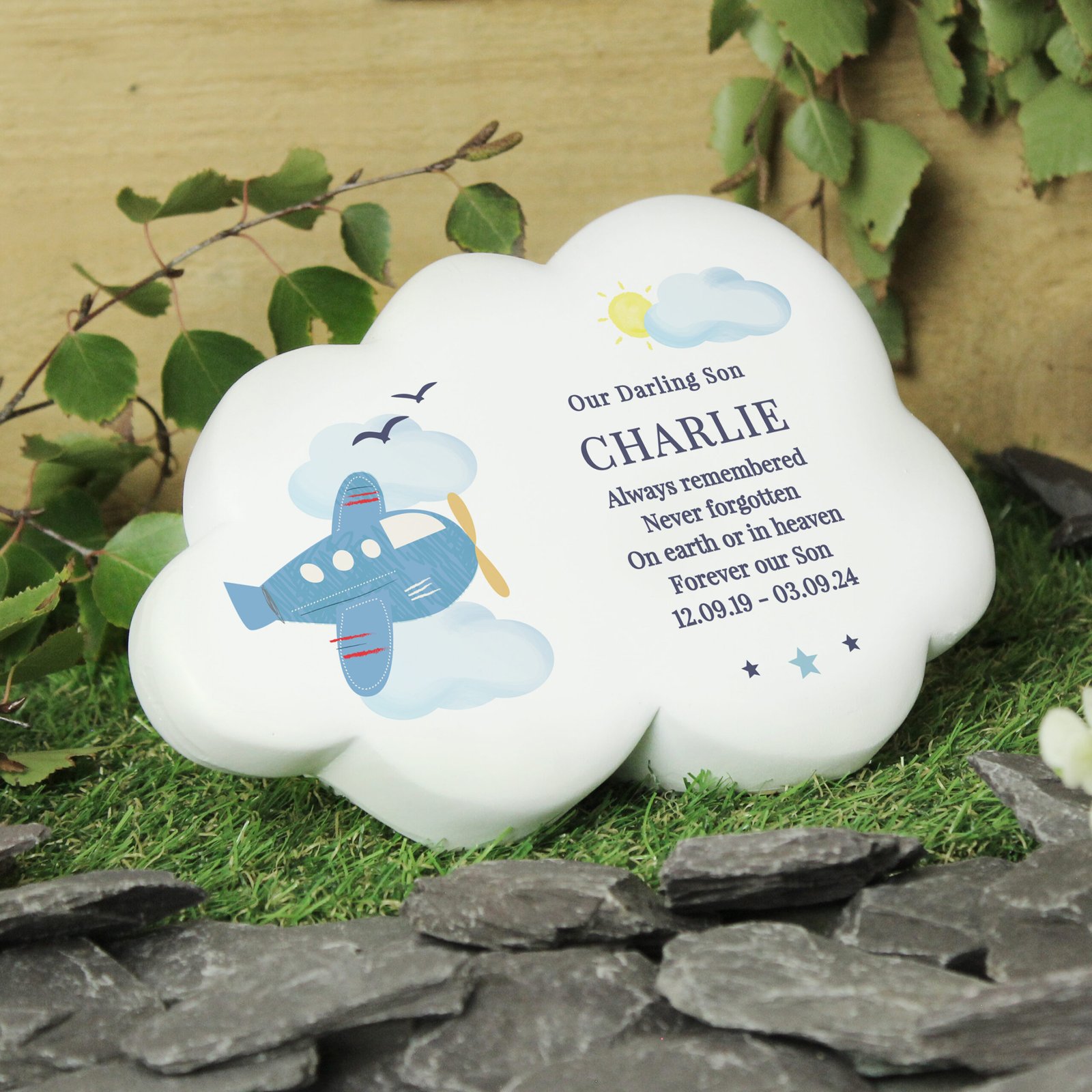 P1013A72 Personalised Plane Design Memorial Resin Graveside Garden Cloud Ornament Personalised Plane Design Memorial Resin Graveside/Garden Cloud Ornament - Image 1