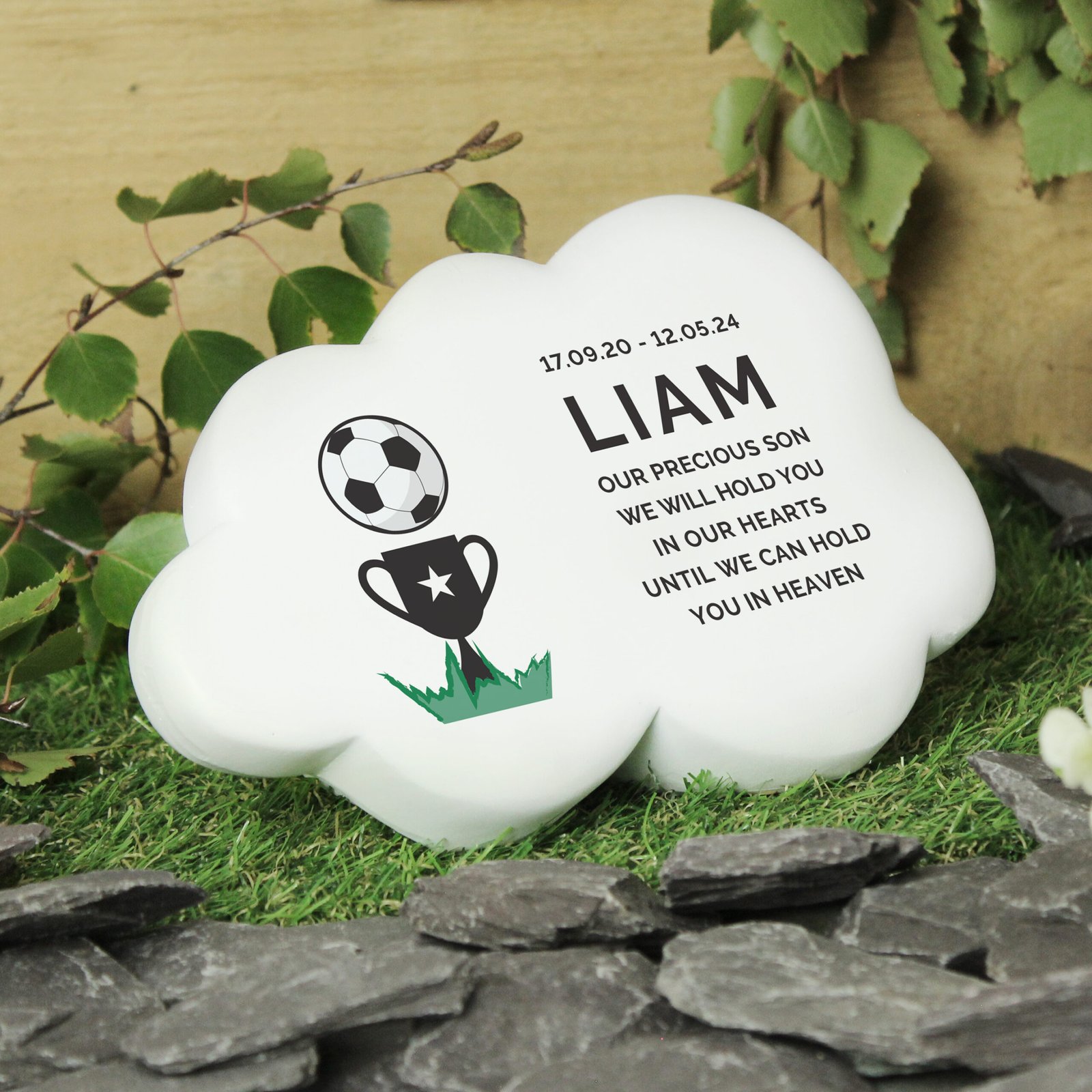 P1013A73 Personalised Football & Trophy Design Memorial Resin Graveside Garden Cloud Ornament Personalised Football & Trophy Design Memorial Resin Graveside/Garden Cloud Ornament - Image 1