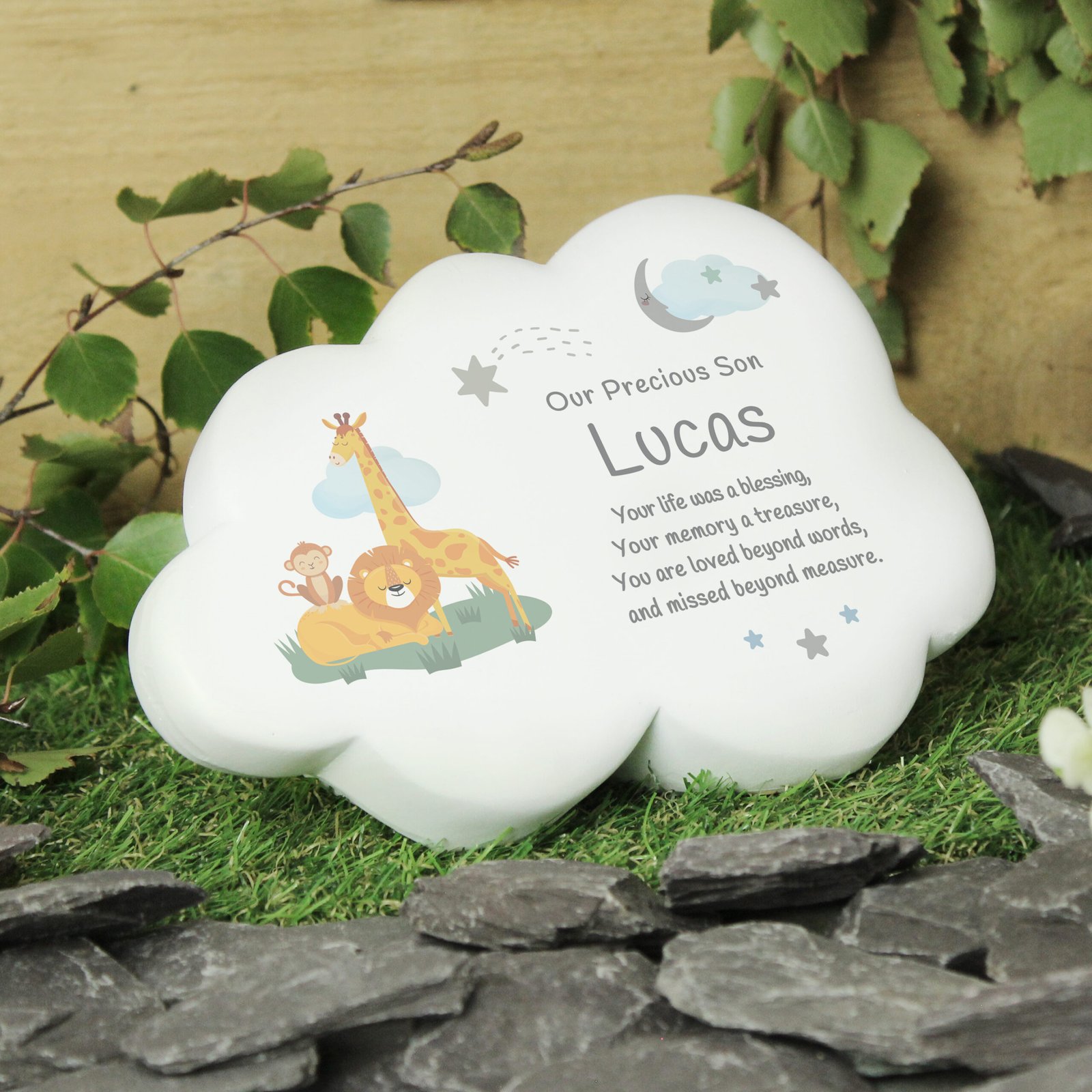 P1013A75 Personalised Safari Animals Design Memorial Resin Graveside Garden Cloud Ornament Personalised Safari Animals Design Memorial Resin Graveside/Garden Cloud Ornament - Image 1