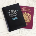 Personalised 'My First Passport' Aeroplane Motif Black Leather Passport Holder