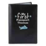 Personalised 'My First Passport' Aeroplane Motif Black Leather Passport Holder - Image 2