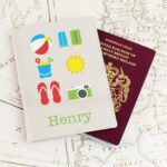 Personalised Bright Beach Essentials Design Cream Leather Passport Holder